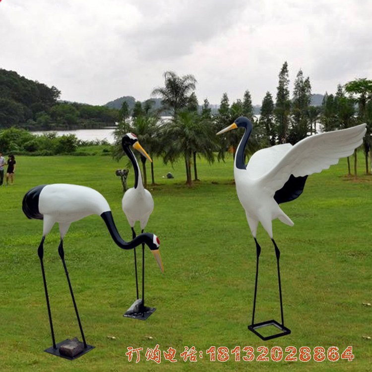 公园丹顶鹤雕塑 玻璃钢仿真动物(wù)雕塑