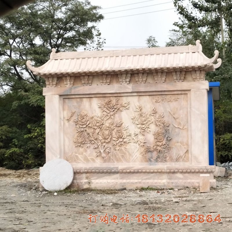 晚霞红花(huā)开盛世石浮雕影壁