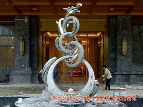 酒店(diàn)不锈钢抽象鱼跃龙门雕塑